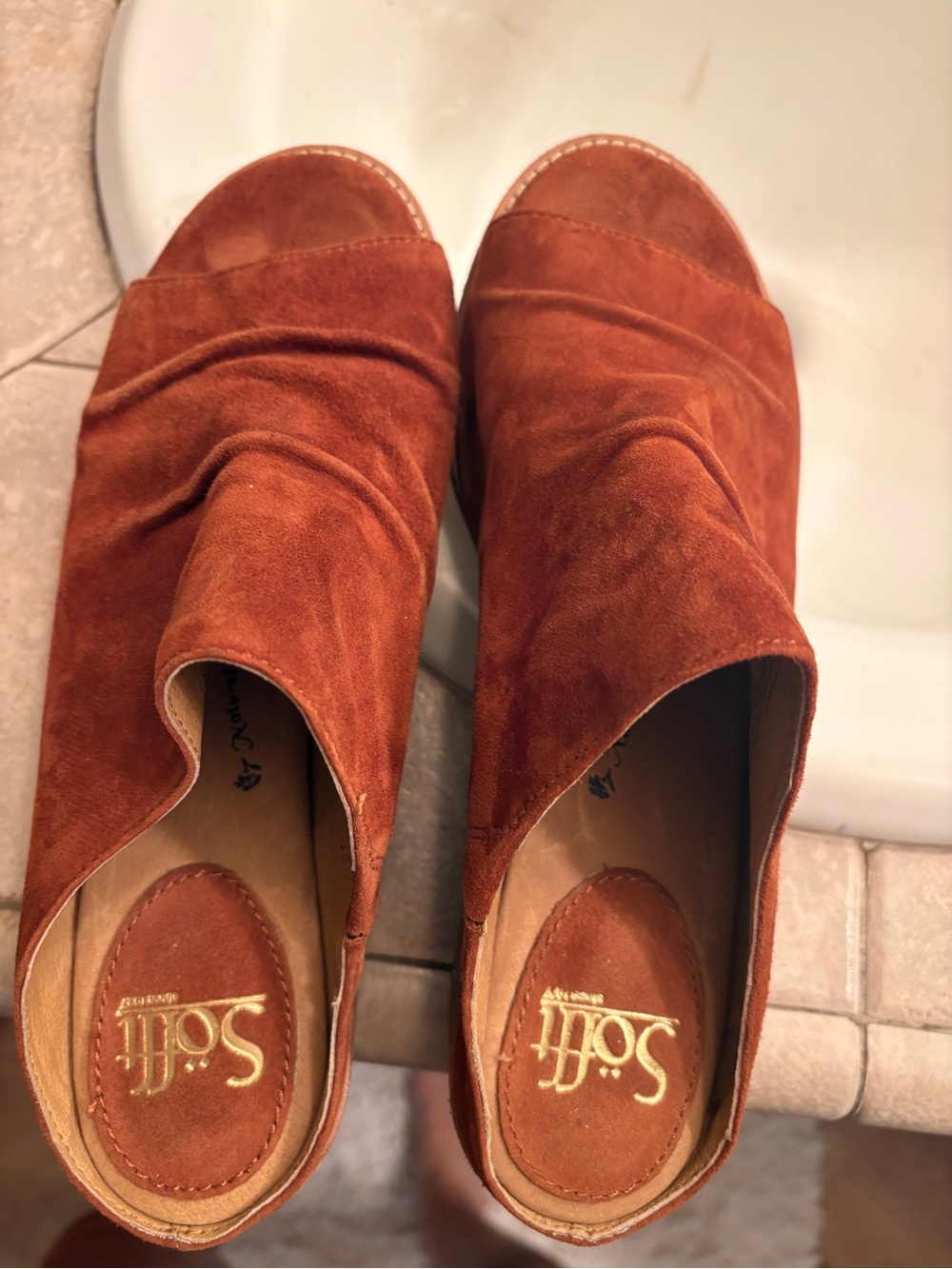Sofft Suede Open-Toe Mule in Rust
